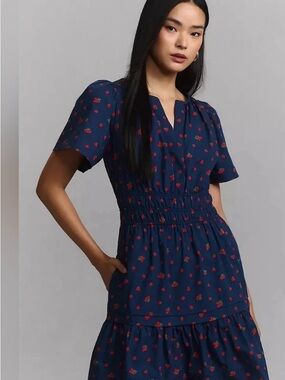 Anthropologist Navy Blue Strawberry Short Sleeve Midi Dress